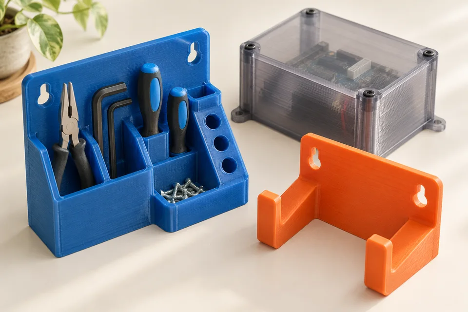 PETG Basic 的 工具架、一般外殼、戶外小配件。 材質用途示意；AI 生成，非實拍或性能測試