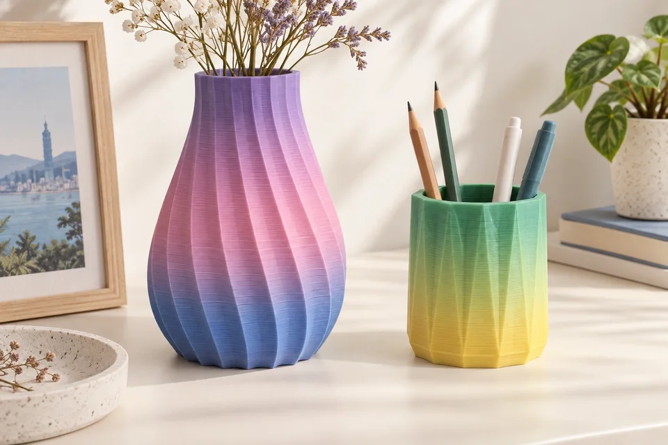 PLA Basic Gradient 的 花器、筆筒、大型雕塑。 材質用途示意；AI 生成，非實拍或性能測試