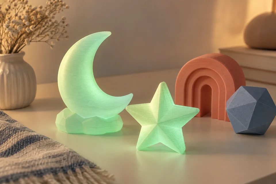 PLA Glow 的 夜光擺飾、房間裝飾、標示小物。 材質用途示意；AI 生成，非實拍或性能測試