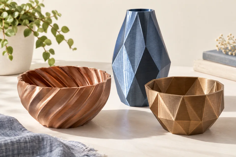 PLA Metal 的 擺飾、桌面小物、仿金屬模型。 材質用途示意；AI 生成，非實拍或性能測試