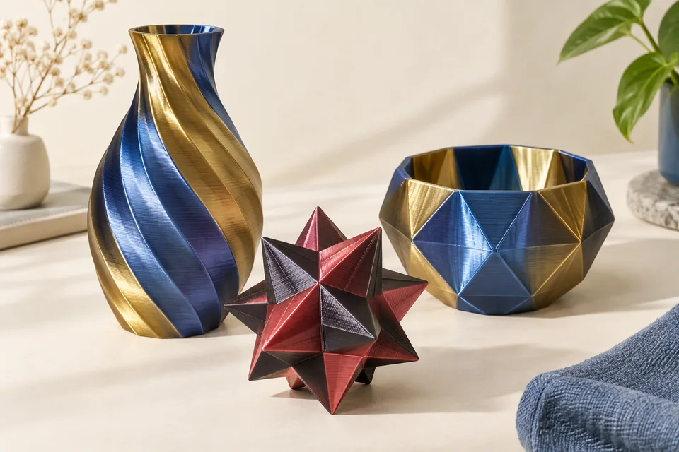 PLA Silk Multi-Color 的 多面雕塑、花器、展示模型。 材質用途示意；AI 生成，非實拍或性能測試