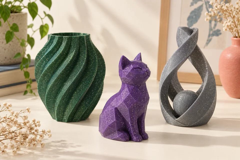 PLA Sparkle 的 節慶掛飾、雕塑、展示底座。 材質用途示意；AI 生成，非實拍或性能測試