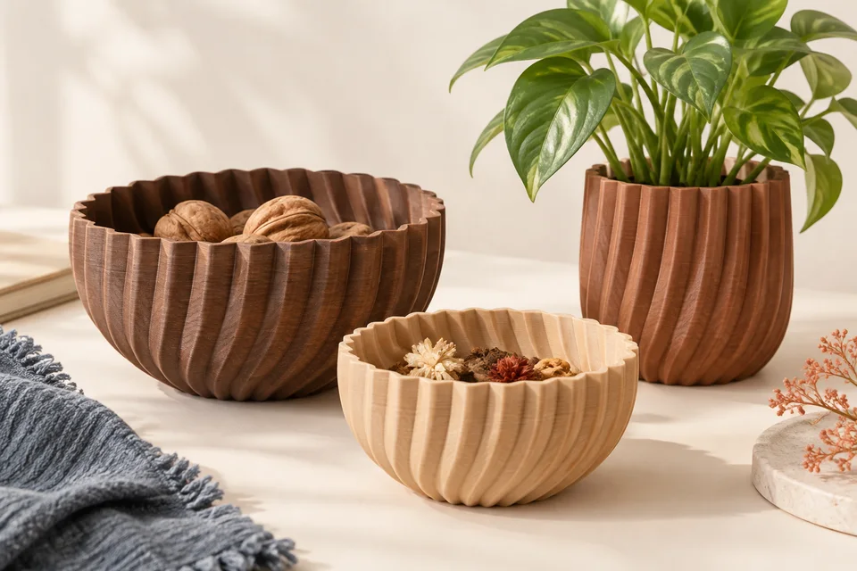 PLA Wood 的 花盆外套、小碗、木質風格擺飾。 材質用途示意；AI 生成，非實拍或性能測試