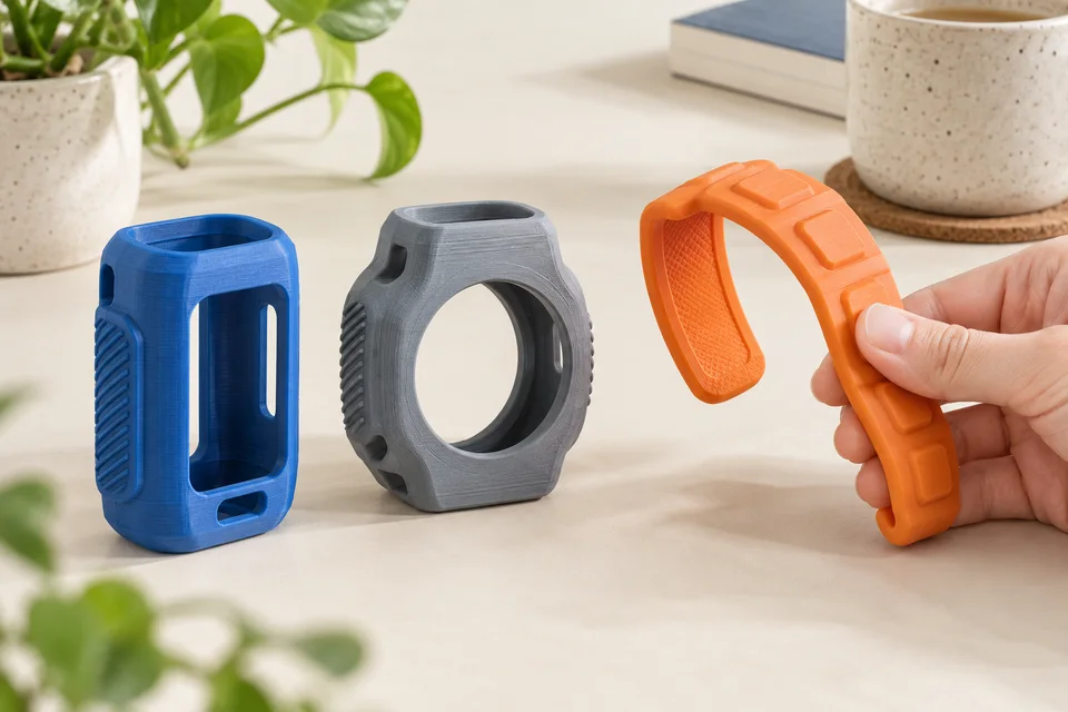 TPU for AMS 的 保護套、彈性配件、多色緩衝原型。 材質用途示意；AI 生成，非實拍或性能測試