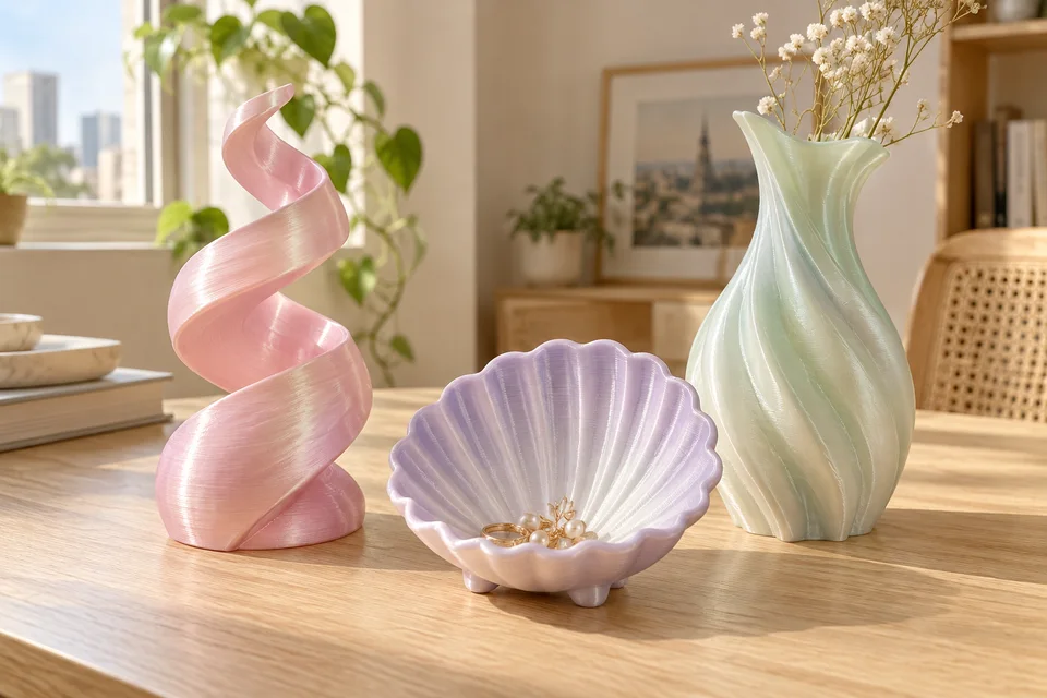 彩多屋 PLA Silk Ethereal Dawn 材質用途示意：雙色曲面擺飾、花器、展示小物。 AI 生成，非官方色票、實拍或性能測試。