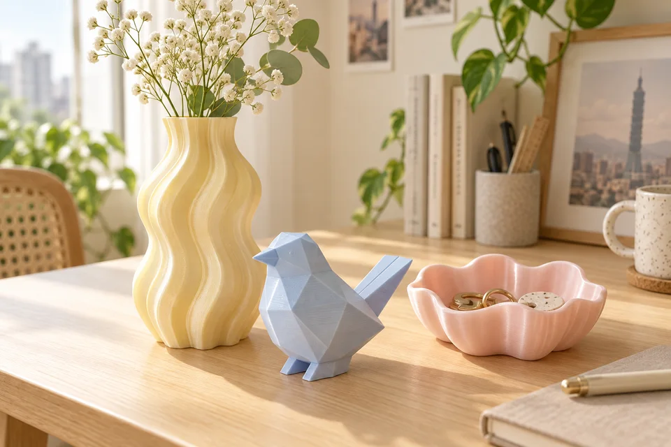 彩多屋 PLA Silk Pastel Shin 材質用途示意：奶油色桌搭、首飾盤、曲面花器。 AI 生成，非官方色票、實拍或性能測試。