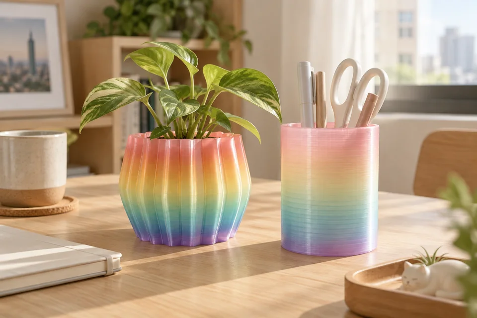 彩多屋 PETG Rainbow 材質用途示意：彩虹花器、透光模型、造型筆筒。 AI 生成，非官方色票、實拍或性能測試。
