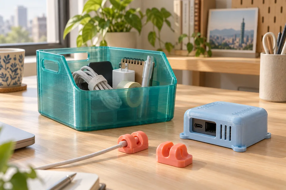 彩多屋 PETG 材質用途示意：工具收納、盆栽配件、小型外殼、透光模型。 AI 生成，非官方色票、實拍或性能測試。