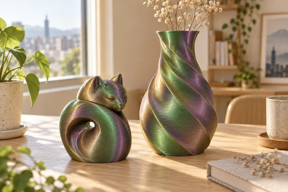 彩多屋 PLA Chameleon 材質用途示意：曲面花器、扭轉雕塑、展示模型。 AI 生成，非官方色票、實拍或性能測試。