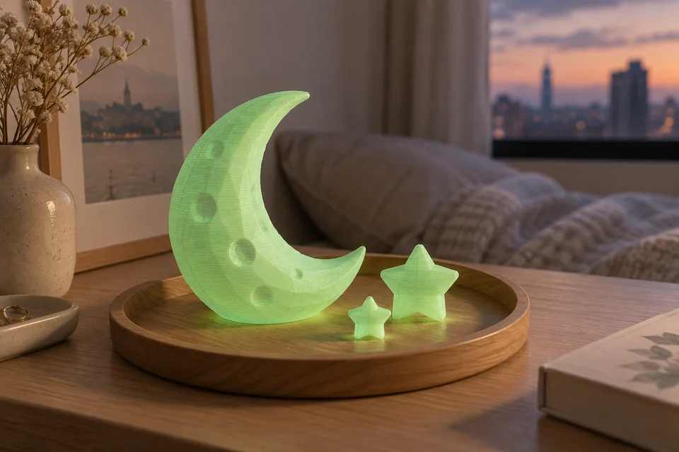 彩多屋 PLA Glow 材質用途示意：星星吊飾、夜光模型、裝飾小物。 AI 生成，非官方色票、實拍或性能測試。