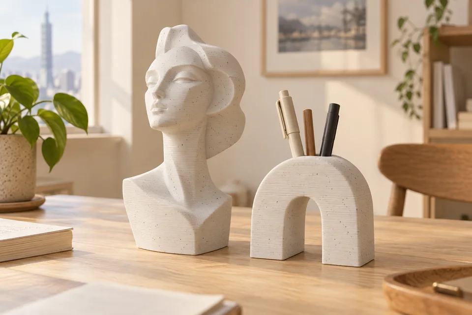 彩多屋 PLA Marble 材質用途示意：花盆外套、石紋托盤、雕塑底座。 AI 生成，非官方色票、實拍或性能測試。