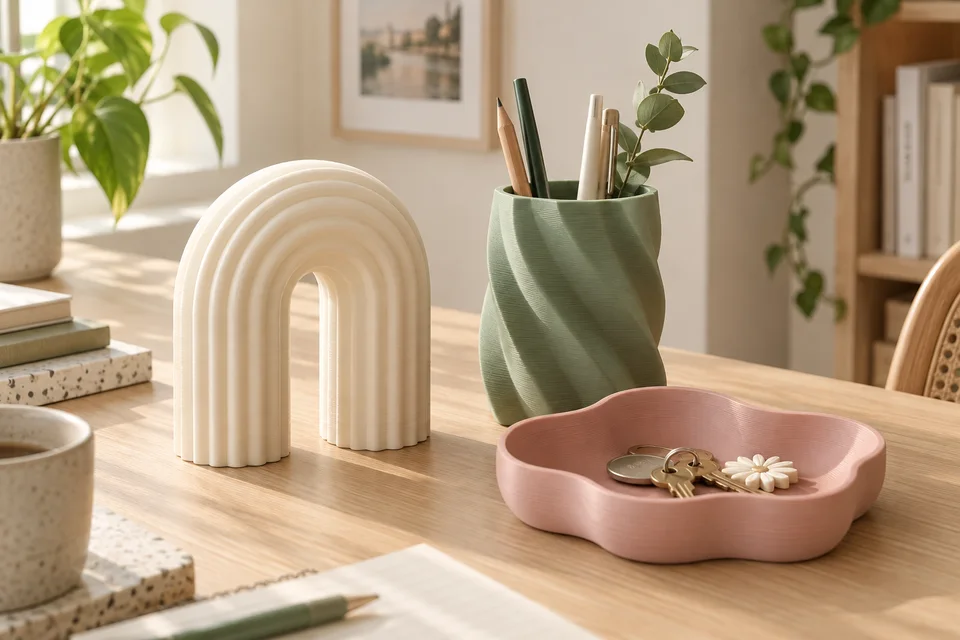 彩多屋 PLA Matte 材質用途示意：桌面托盤、花盆外套、建築模型、筆筒。 AI 生成，非官方色票、實拍或性能測試。