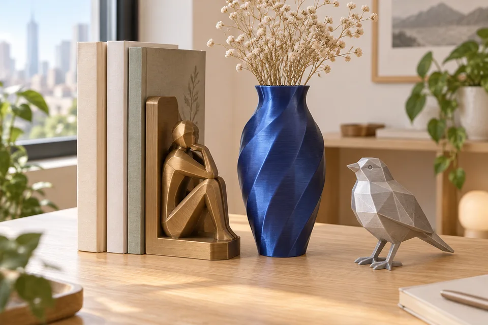 彩多屋 PLA Metallic 材質用途示意：桌面名牌、旋鈕造型、裝飾花器、首飾盤。 AI 生成，非官方色票、實拍或性能測試。