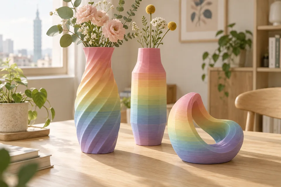 彩多屋 PLA Rainbow Matte 材質用途示意：花器、筆筒、長型展示模型。 AI 生成，非官方色票、實拍或性能測試。