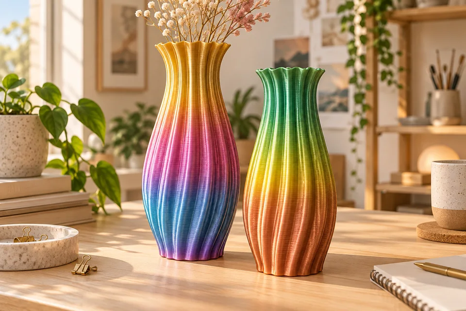 彩多屋 PLA Rainbow Silk 材質用途示意：扭轉花器、幾何容器、展示擺飾。 AI 生成，非官方色票、實拍或性能測試。