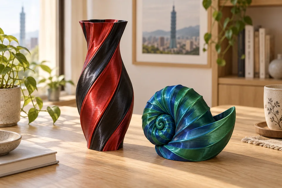 彩多屋 PLA Silk Dual-Color 材質用途示意：扭轉花器、螺旋擺飾、曲面雕塑。 AI 生成，非官方色票、實拍或性能測試。