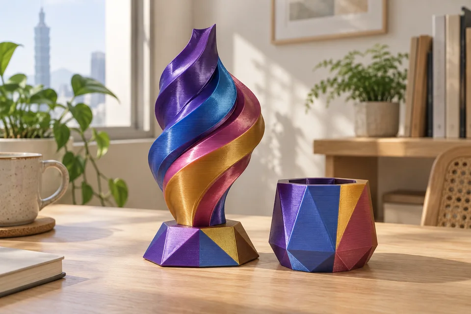 彩多屋 PLA Silk Four-Color 材質用途示意：幾何雕塑、螺旋裝飾、小型花器。 AI 生成，非官方色票、實拍或性能測試。