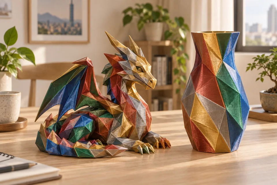 彩多屋 PLA Silk Tri-Color 材質用途示意：螺旋花器、多面體、展示模型。 AI 生成，非官方色票、實拍或性能測試。