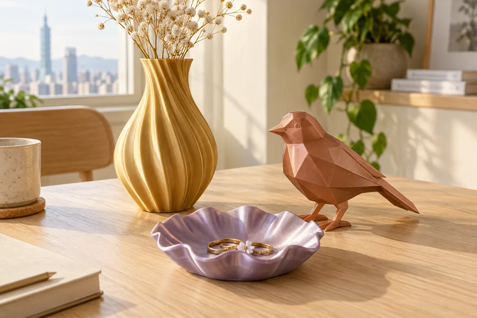 彩多屋 PLA Silk 材質用途示意：幾何花器、首飾盤、造型模型、裝飾底座。 AI 生成，非官方色票、實拍或性能測試。