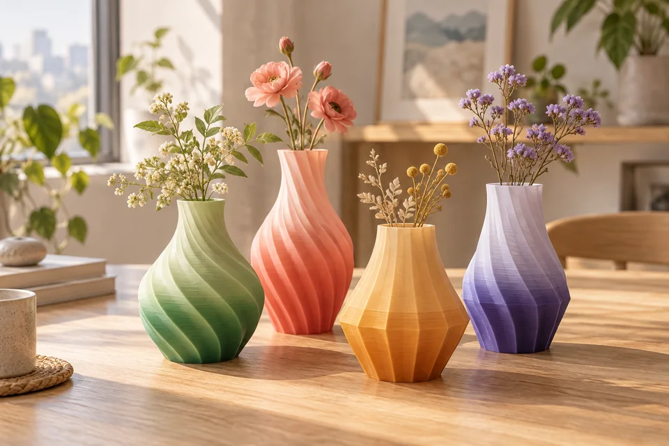彩多屋 PLA Rainbow Season 材質用途示意：季節配色花器、桌面擺飾、筆筒。 AI 生成，非官方色票、實拍或性能測試。