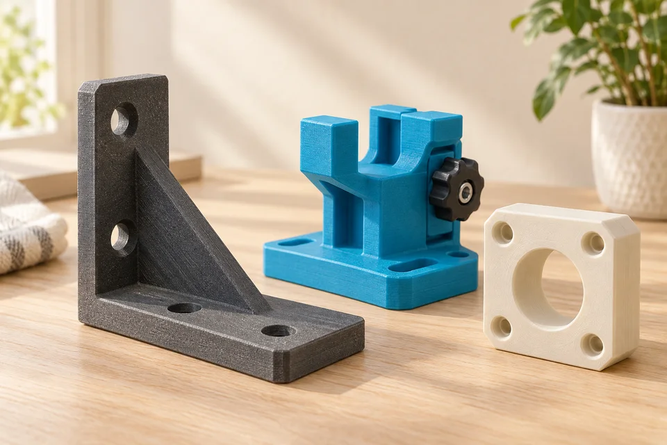 R3D PETG-GF 材質用途示意：支架、治具、工具配件、外殼原型。 AI 生成，非官方色票、實拍或性能測試。