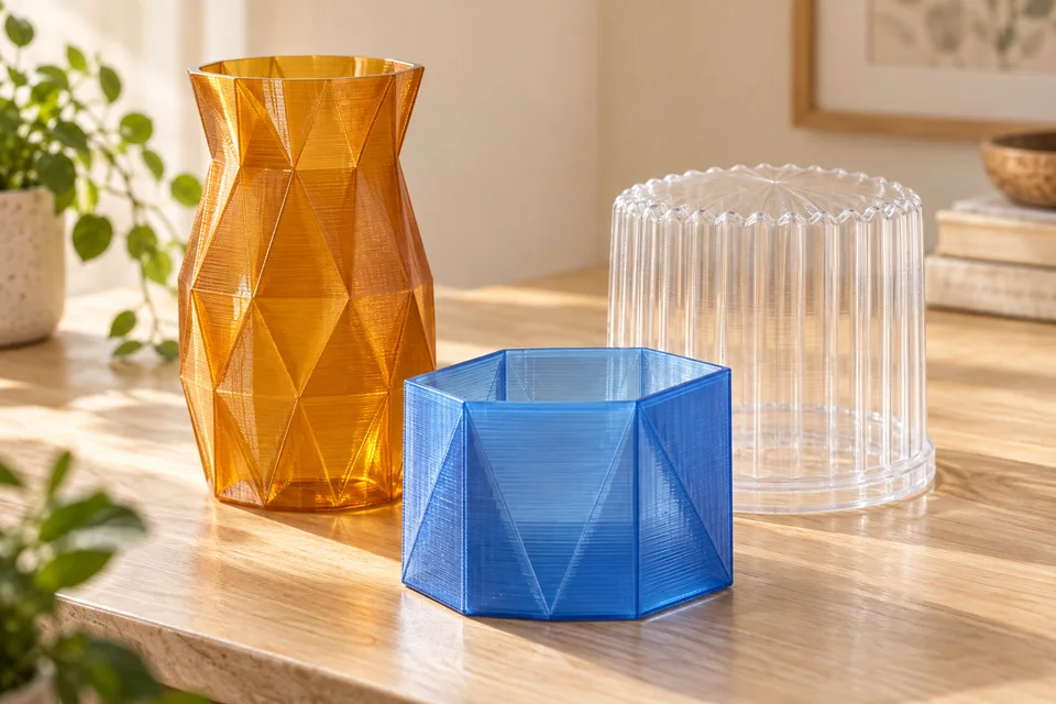 R3D PETG Transparent 材質用途示意：透光擺飾、展示罩、花器外套。 AI 生成，非官方色票、實拍或性能測試。