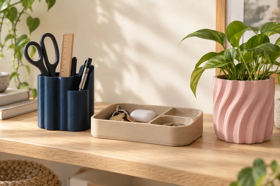 R3D PETG 材質用途示意：工具收納、盆栽配件、一般外殼。 AI 生成，非官方色票、實拍或性能測試。