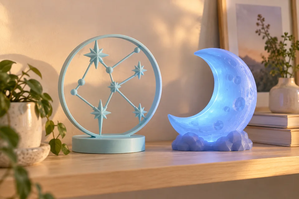 R3D PLA Glow 材質用途示意：夜光擺飾、裝飾牌、展示模型。 AI 生成，非官方色票、實拍或性能測試。