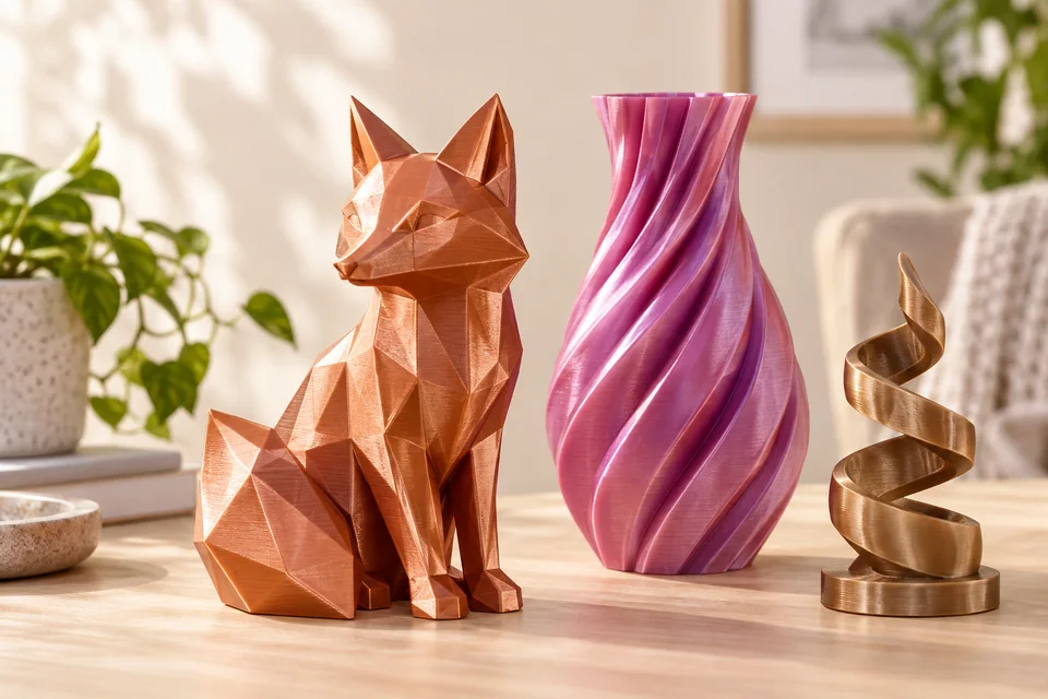 R3D PLA HS Pro Silk 材質用途示意：旋轉花瓶模型、幾何擺飾、展示模型。 AI 生成，非官方色票、實拍或性能測試。