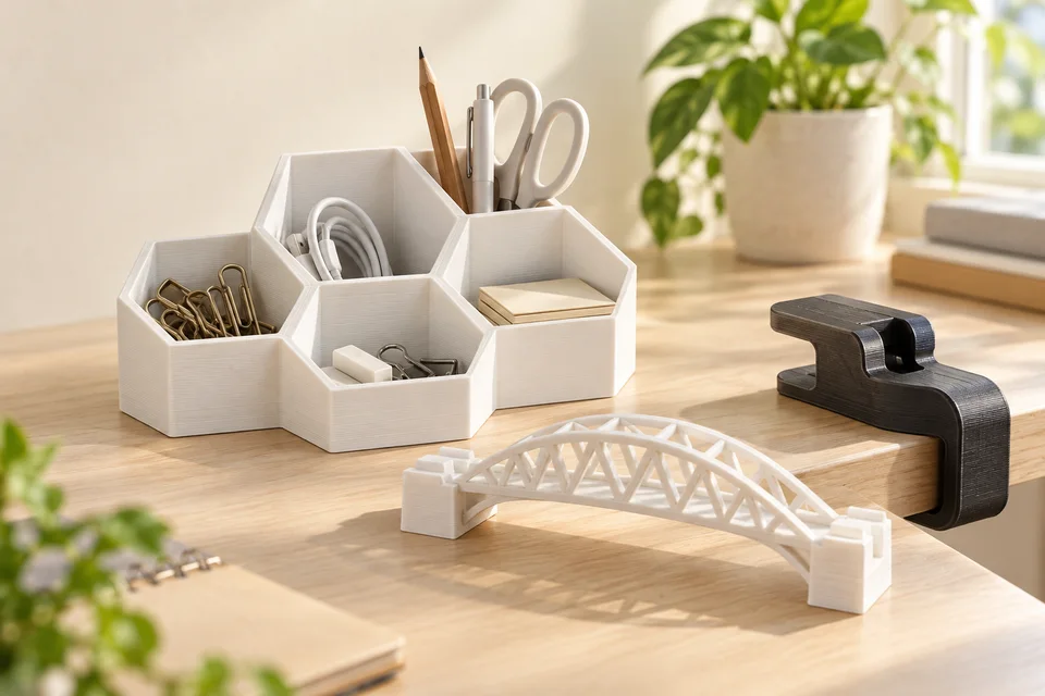 R3D PLA HS Pro 材質用途示意：尺寸試片、收納模組、模型原型。 AI 生成，非官方色票、實拍或性能測試。