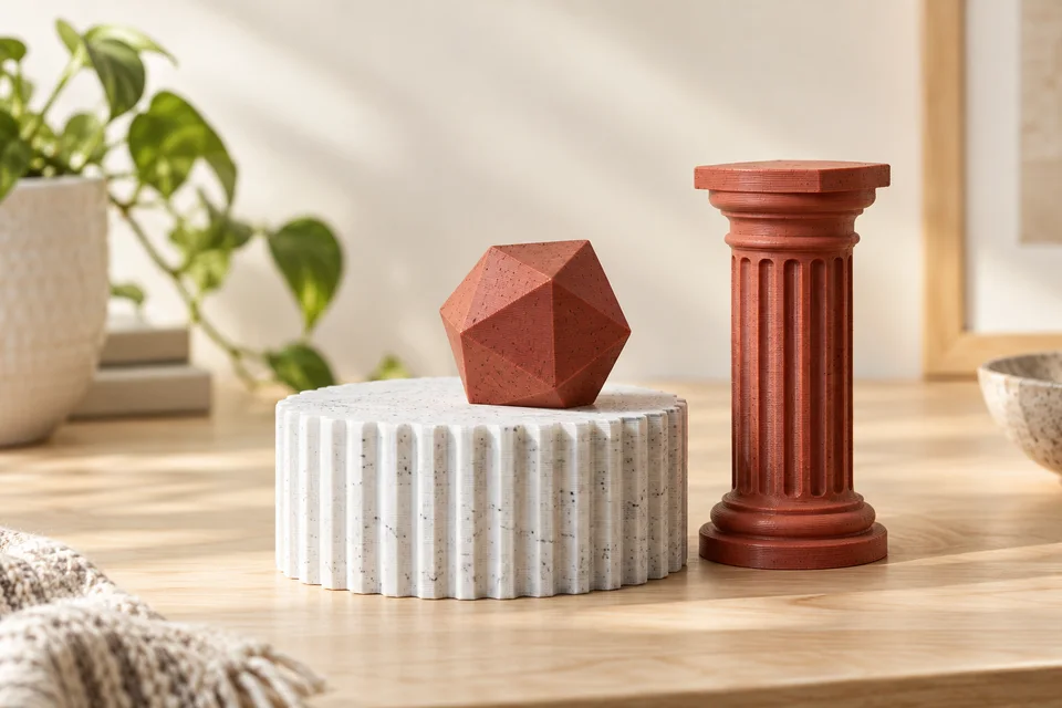 R3D PLA Marble 材質用途示意：展示台、仿石花器外套、雕塑模型。 AI 生成，非官方色票、實拍或性能測試。