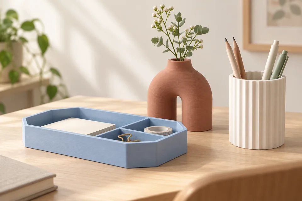 R3D PLA Matte Youth 材質用途示意：筆筒、收納托盤、建築模型。 AI 生成，非官方色票、實拍或性能測試。