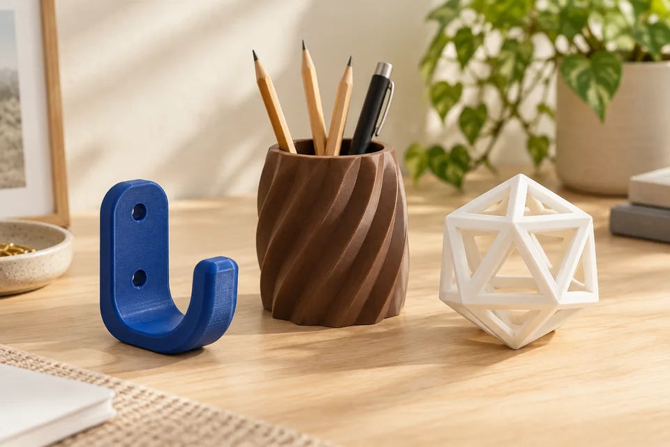 R3D PLA Pro 材質用途示意：桌面掛鉤、筆筒、尺寸模型。 AI 生成，非官方色票、實拍或性能測試。