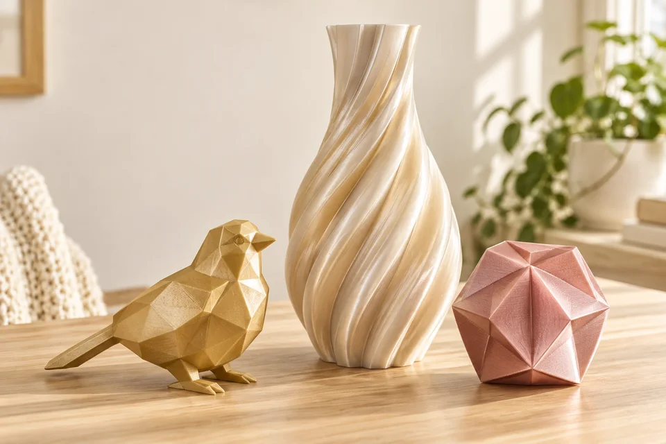 R3D PLA Silk 材質用途示意：螺旋花瓶模型、雕塑擺飾、裝飾牌。 AI 生成，非官方色票、實拍或性能測試。