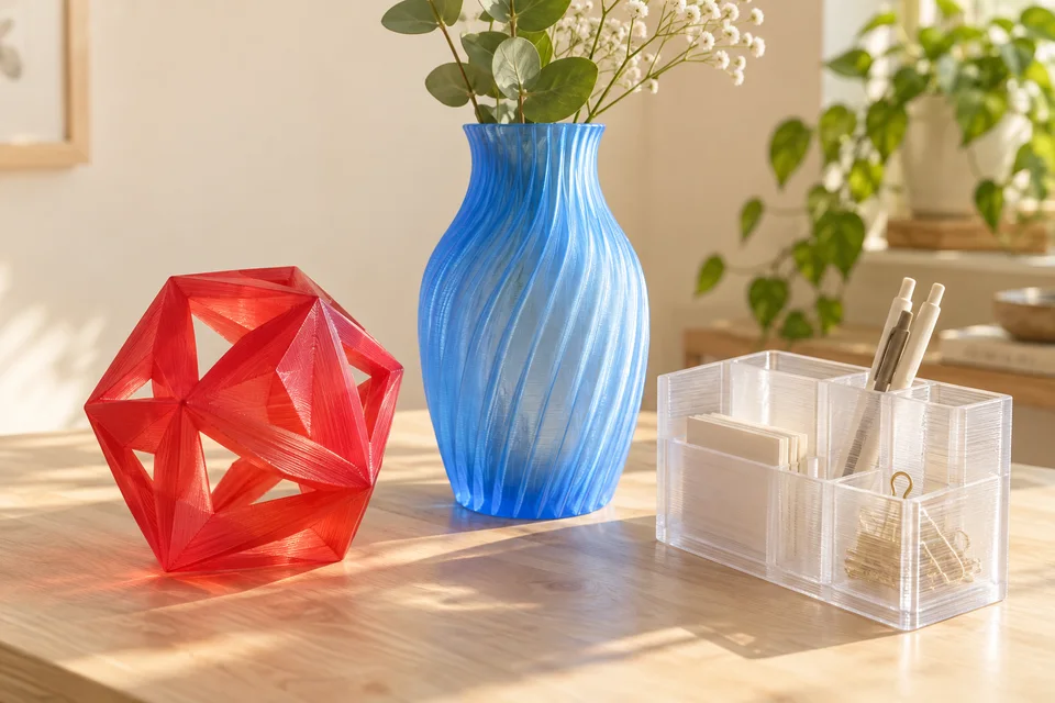R3D PLA Translucent Youth 材質用途示意：透光擺飾、薄壁模型、展示罩原型。 AI 生成，非官方色票、實拍或性能測試。