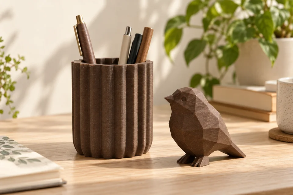 R3D PLA Wood 材質用途示意：筆筒、低多邊形擺飾、展示底座。 AI 生成，非官方色票、實拍或性能測試。