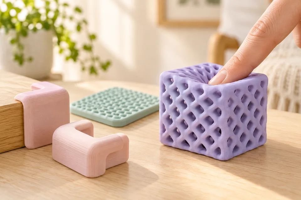 R3D TPU Matte 90A 材質用途示意：護角、軟質保護套、緩衝墊試片。 AI 生成，非官方色票、實拍或性能測試。