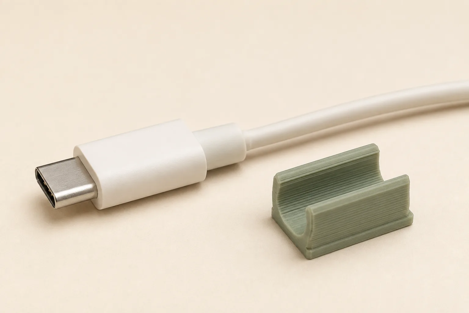 完整 USB-C 線的接頭外殼、尾套和較細線身，旁邊放著開口理線槽