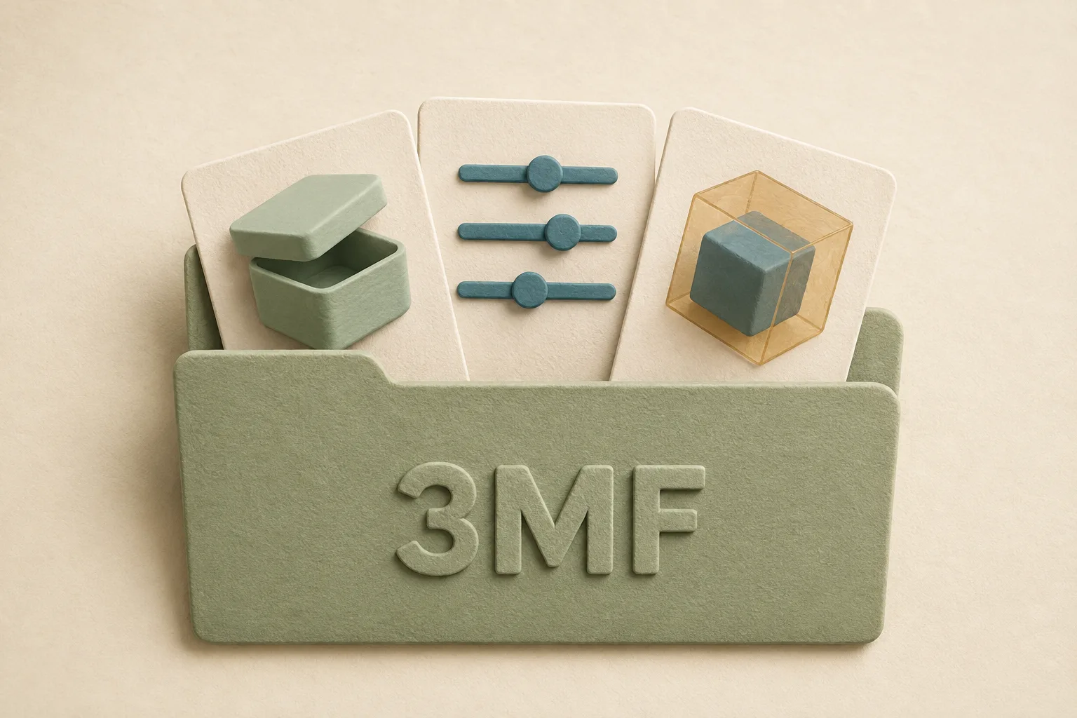 3MF 概念資料夾裝著模型、設定滑桿與修改器的三張卡片